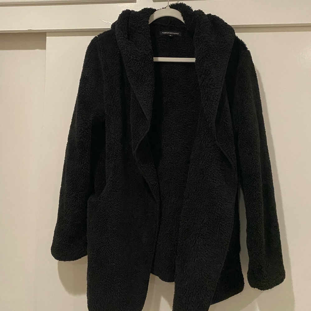 Foreign Exchange Faux Fur Sherpa Jacket Coat Hood Women’s Size Medium Black